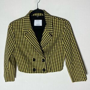 Bershka Yellow Black Checkered Plaid Cropped Double Breasted Blazer Jacket M